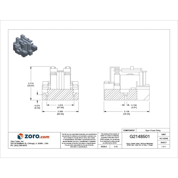 Open Power Relay, Surface Mounted, SPST-NO, 120V AC, 4 Pins, 1 Poles