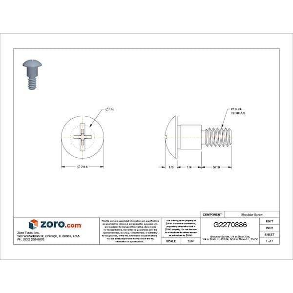 Tamper-Resistant Shoulder Screw, #10-24 Thr Sz, 5/16 In Thr Lg, 1/4 In Shoulder Lg, Steel, 25 PK