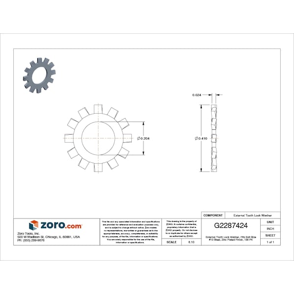 External Tooth Lock Washer, Fits Bolt Size #10 Steel, Zinc Plated Finish, 100 PK