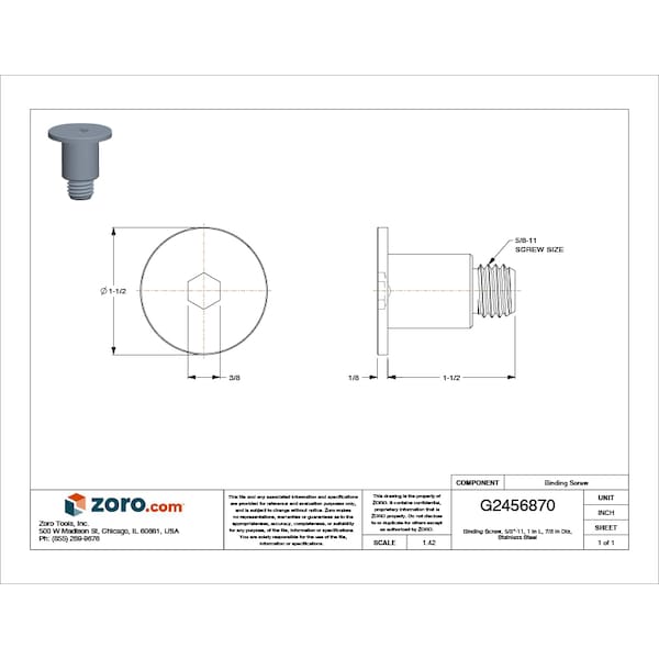 Binding Screw, 5/8-11 Thd Sz, 316 Stainless Steel