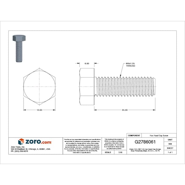 Class 10.9, M8-1.25 Hex Head Cap Screw, Blue Phosphate Steel, 25 Mm L, 50 PK