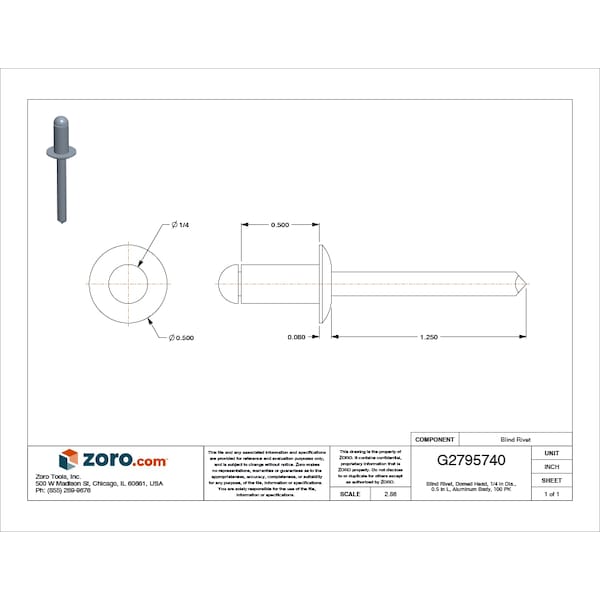 Blind Rivet, Dome Head, 1/4 In Dia., 1/2 In L, Aluminum Body, 100 PK