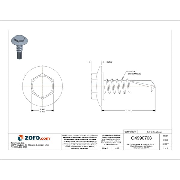 Self-Drilling Screw, #12 X 3/4 In, Climaseal Steel Hex Head External Hex Drive, 500 PK