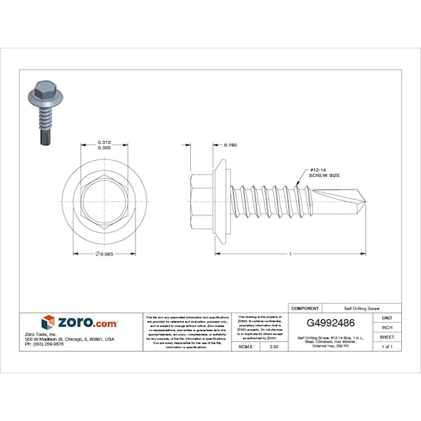 Self-Drilling Screw, #12 X 1 In, Climaseal Steel Hex Head External Hex Drive, 250 PK