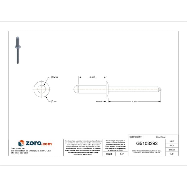 Blind Rivet, Dome Head, 3/16 In Dia., 21/32 In L, Aluminum Body, 100 PK