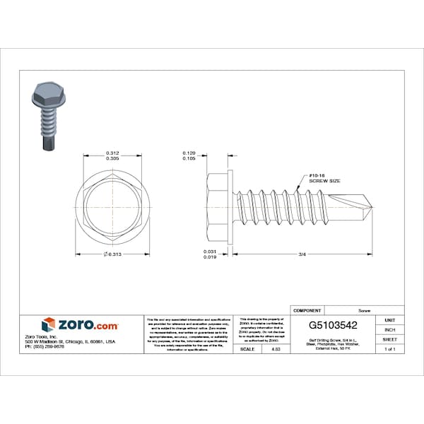 Self-Drilling Screw, #10 X 3/4 In, Phosphate Coated Steel Hex Head External Hex Drive, 50 PK