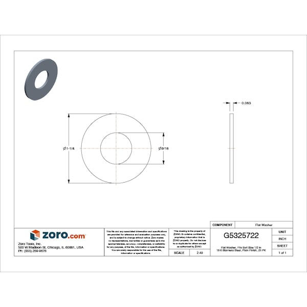 Flat Washer, Fits Bolt Size 1/2 In ,Stainless Steel Plain Finish, 25 PK