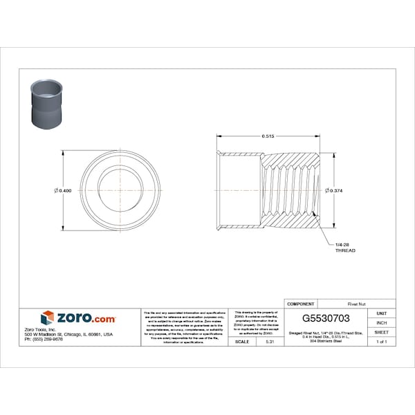 Rivet Nut, 1/4-28 Thread Size, 0.4 In Flange Dia., 0.515 In L, 304 Stainless Steel