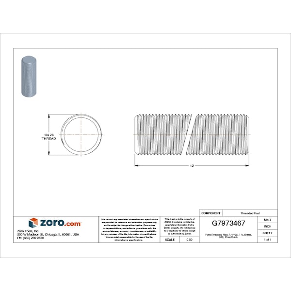 Fully Threaded Rod, 1/4-28, 360, Plain Finish