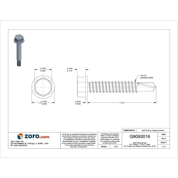 Self-Drilling Screw, 1/4 X 1 1/2 In, Zinc Plated Steel Hex Head External Hex Drive, 50 PK