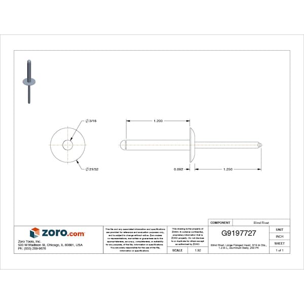 Blind Rivet, Large Flanged Head, 3/16 In Dia., 1-13/64 In L, Aluminum Body, 250 PK