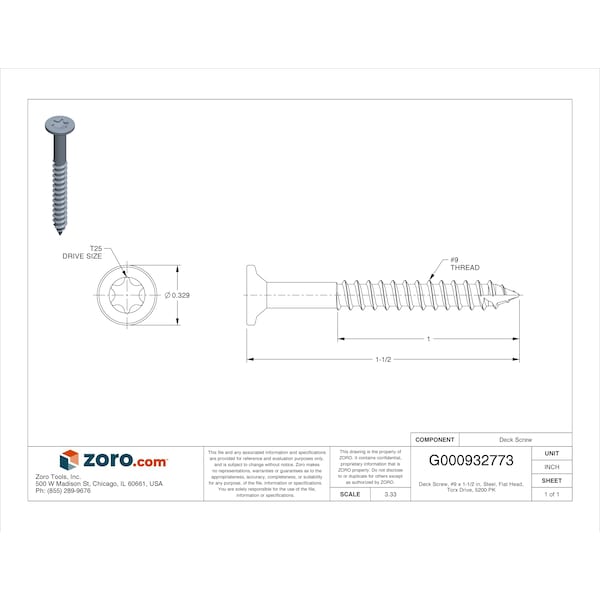 Deck Screw, #9 X 1-1/2 In, Steel, Flat Head, Torx Drive, 5200 PK