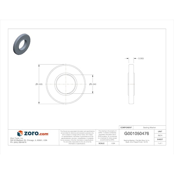 Sealing Washer, Fits Bolt Size 1/4 In Steel, Zinc Plated Finish, 10 PK