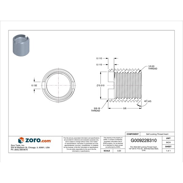 Thin Wall Self Locking Thread Insert, 1/2-20 Int Thrd Sz, 18-8 Stainless Steel, 5 PK