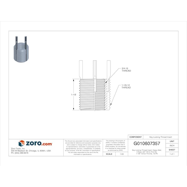 Key Locking Thread Insert, Heavy Wall, 4 Keys, 3/4-16 Int Thrd Sz, 1 1/8-12 Ext Thrd Sz, 10 PK