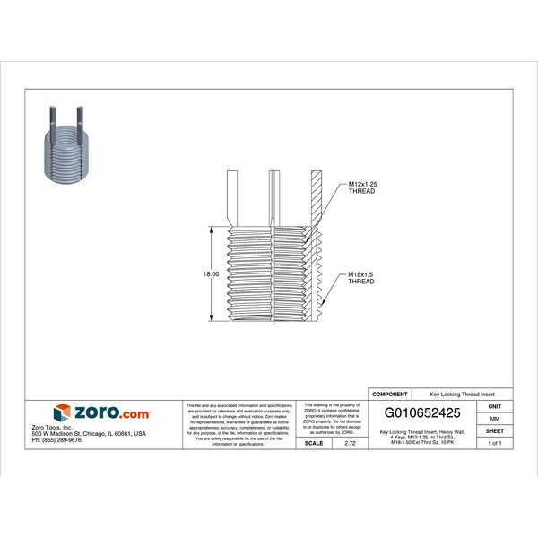 Key Locking Thread Insert, Heavy Wall, 4 Keys, M12-1.25 Int Thrd Sz, M18-1.50 Ext Thrd Sz, 10 PK