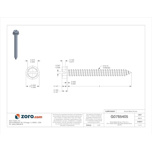 Sheet Metal Screw, #12 X 2 In, Zinc Plated Steel Hex Head Slotted Drive, 100 PK