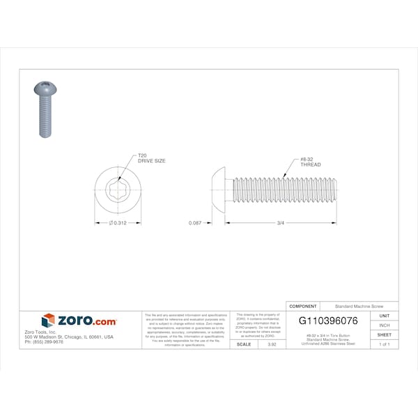 #8-32 X 3/4 In Torx Button Standard Machine Screw, Unfinished A286 Stainless Steel