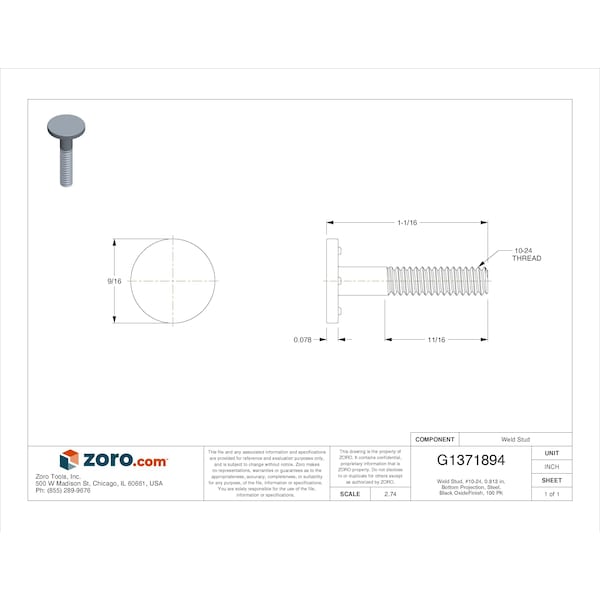 Weld Stud, #10-24, 0.813 In, Bottom Projection, Steel, Black Oxide Finish,100 PK