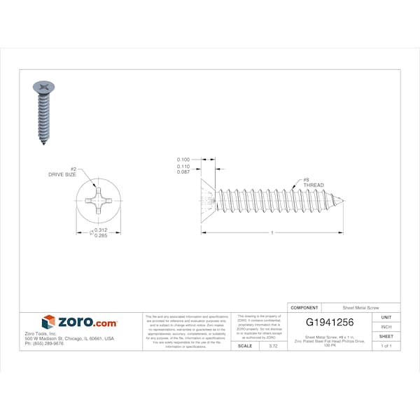 Sheet Metal Screw, #8 X 1 In, Zinc Plated Steel Flat Head Phillips Drive, 100 PK