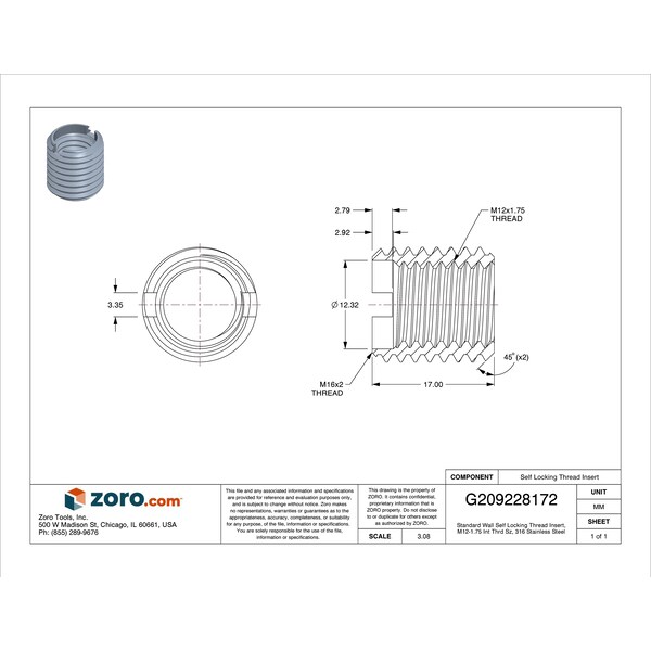 Standard Wall Self Locking Thread Insert, M12-1.75 Int Thrd Sz, 316 Stainless Steel