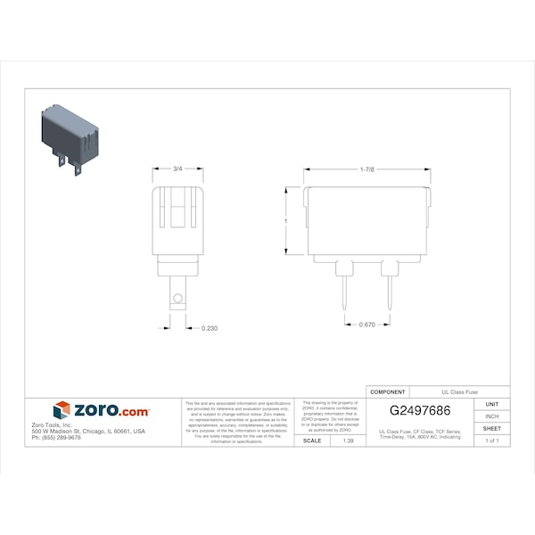 UL Class Fuse, CF Class, TCF Series, Time-Delay, 15A, 600V AC, Indicating