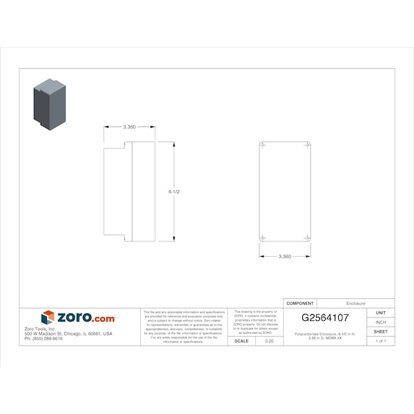 Polycarbonate Electrical Enclosures, 6-1/2 In H, 3.4 In D, 3.4 In W, NEMA 4X