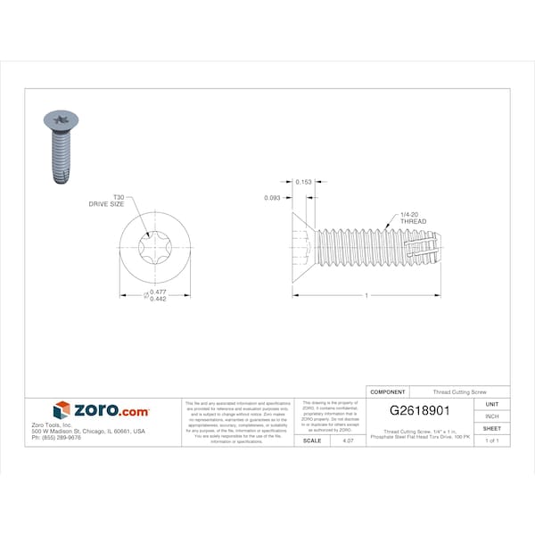 Thread Cutting Screw, 1/4 X 1 In, Phosphate Steel Flat Head Torx Drive, 100 PK