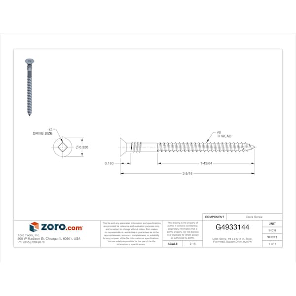 Deck Screw, #8 X 2-5/16 In, Steel, Flat Head, Square Drive, 800 PK