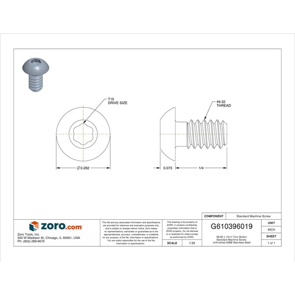 #6-32 X 1/4 In Torx Button Standard Machine Screw, Unfinished A286 Stainless Steel