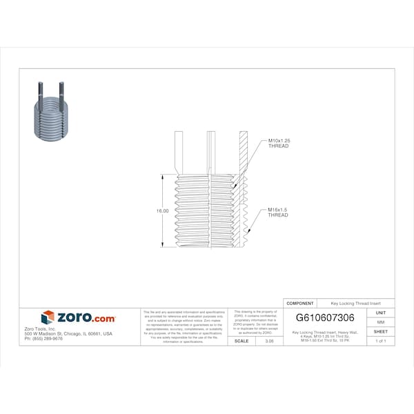 Key Locking Thread Insert, Heavy Wall, 4 Keys, M10-1.25 Int Thrd Sz, M16-1.50 Ext Thrd Sz, 10 PK