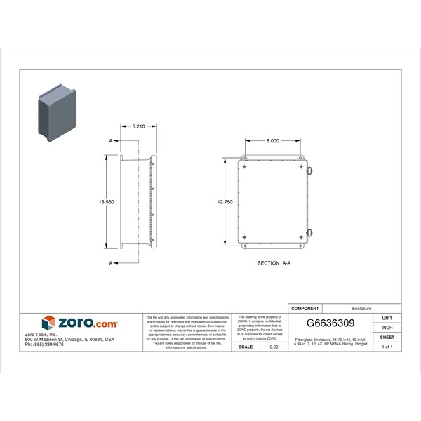 Fiberglass Electrical Enclosures, 11.79 In H, 4.94 In D, 10 In W, NEMA 4X, 6P, 12, Hinged