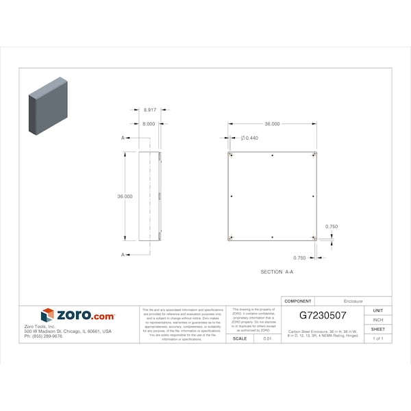 Carbon Steel Electrical Enclosures, 36 In H, 8 In D, 36 In W, NEMA 4, 12, Hinged