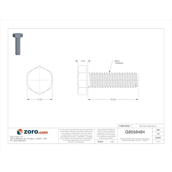 Class 10.9, M6-1.00 Hex Head Cap Screw, Black Oxide Steel, 20 Mm L, 100 PK