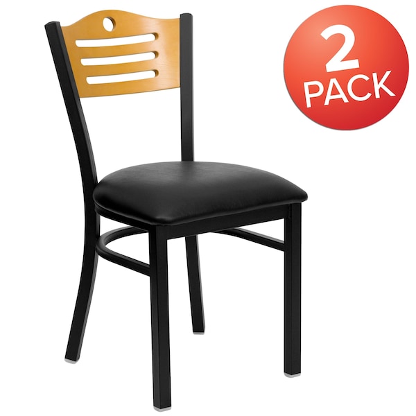 Black Slat Back Metal Chair,Natural Wood Back,Black Vinyl Seat,PK2