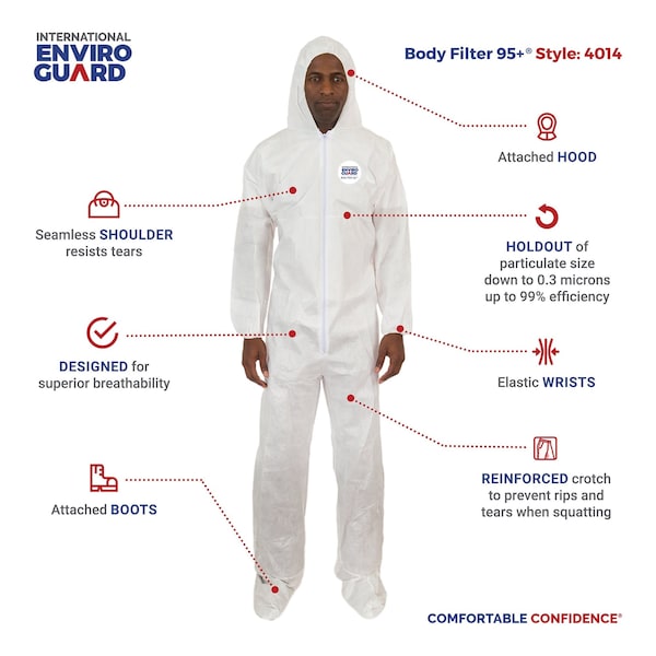 Hooded Disposable Coveralls, 25 PK, White, Laminated Nonwoven, Zipper