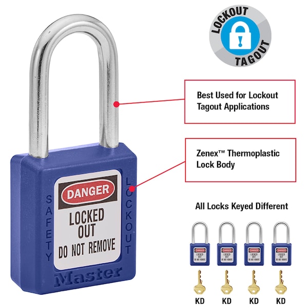 Zenex Thermoplastic Safety Padlock, 1-1/2 In Wide With 1-1/2 In Shackle, Blue