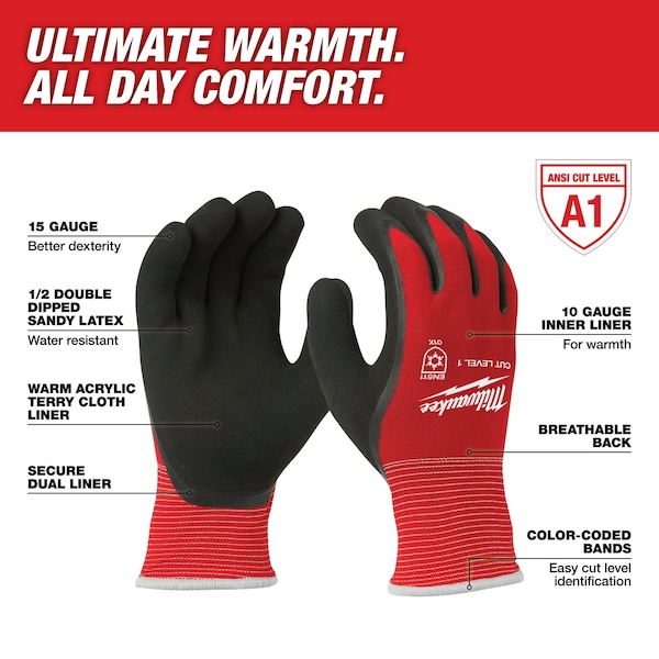 Cut Level 1 Winter Insulated Dipped Gloves - Small (12 Pairs), A1 Cut Level, Red/Black