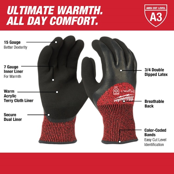 Cut Level 3 Winter Insulated Dipped Gloves - Small (12 Pairs), A2 Cut Level, Red/Black