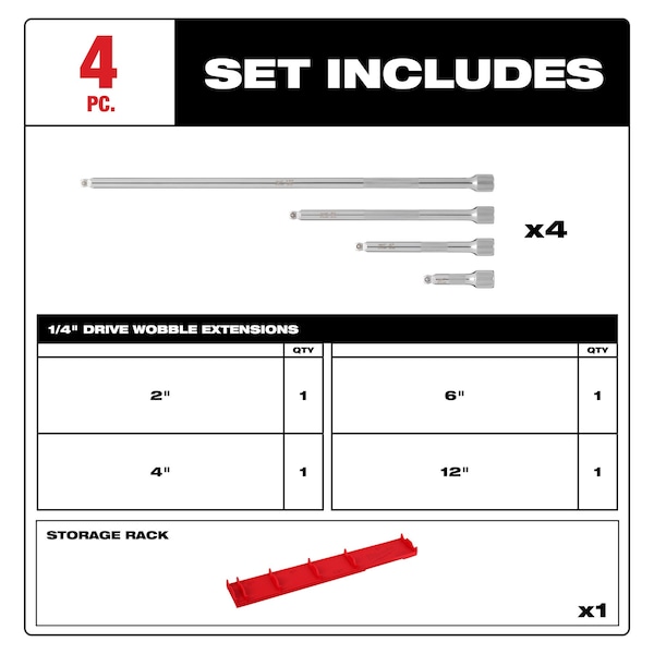 Socket Extension Set 1/4 In Dr, 14 In L, 4 Pieces, Chrome