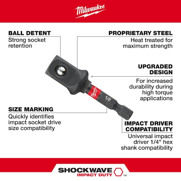 SHOCKWAVE Impact Socket Adapter, 1/4 In Hex To 1/2 In Square, Black Phosphate