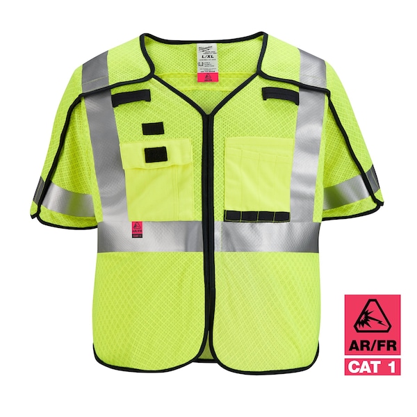 Arc-Rated/Flame-Resistant Cat 1 Class 3 ANSI And CSA Compliant Breakaway High Visibility Yellow Mesh Safety Vest - Small/Medium