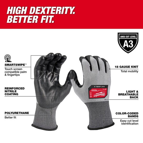 Level 3 Cut Resistant High Dexterity Polyurethane Dipped Gloves - Small (12 Pair)