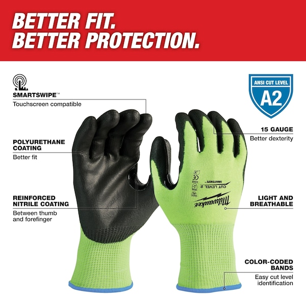 Level 2 Cut Resistant High Visibility Polyurethane Dipped Gloves - X-Large