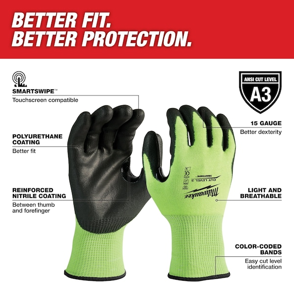 High Visibility Cut Level 3 Polyurethane Dipped Gloves - XXL