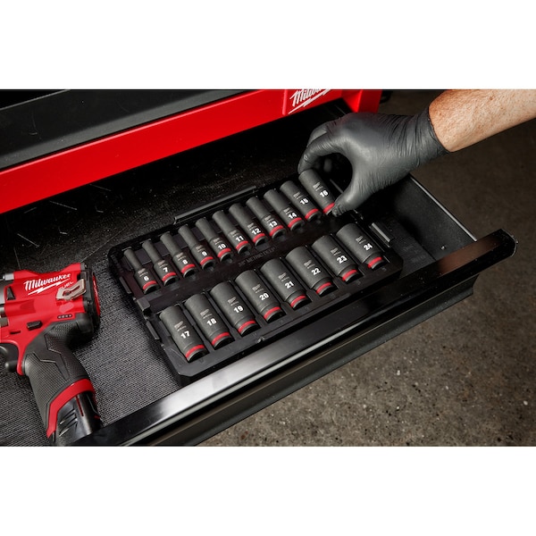 19 Pc. SHOCKWAVE Impact Duty 3/8 In. Drive Metric Deep Well Socket Set With PACKOUT Low-Profile Organizer Tray