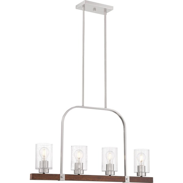 Arabel 4-Light Island Pendant Fixture - Brushed Nickel And Nutmeg Wood Finish With Clear Seeded Glas