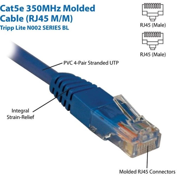 Cat5e Cable,Molded,RJ45 M/M,Blue,3ft