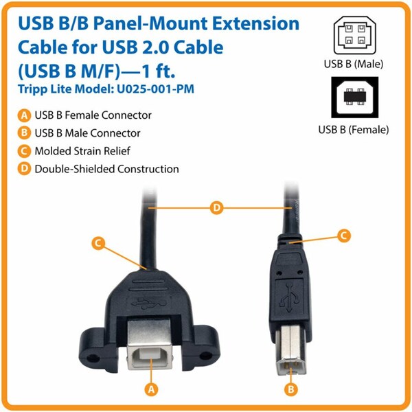 USB 2.0 Cable,Hi-Speed,B,panel B,M/F,1ft