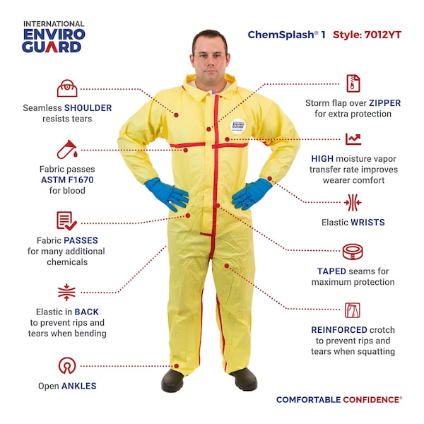 Collared Chemical Resistant Coveralls, Yellow, Zipper